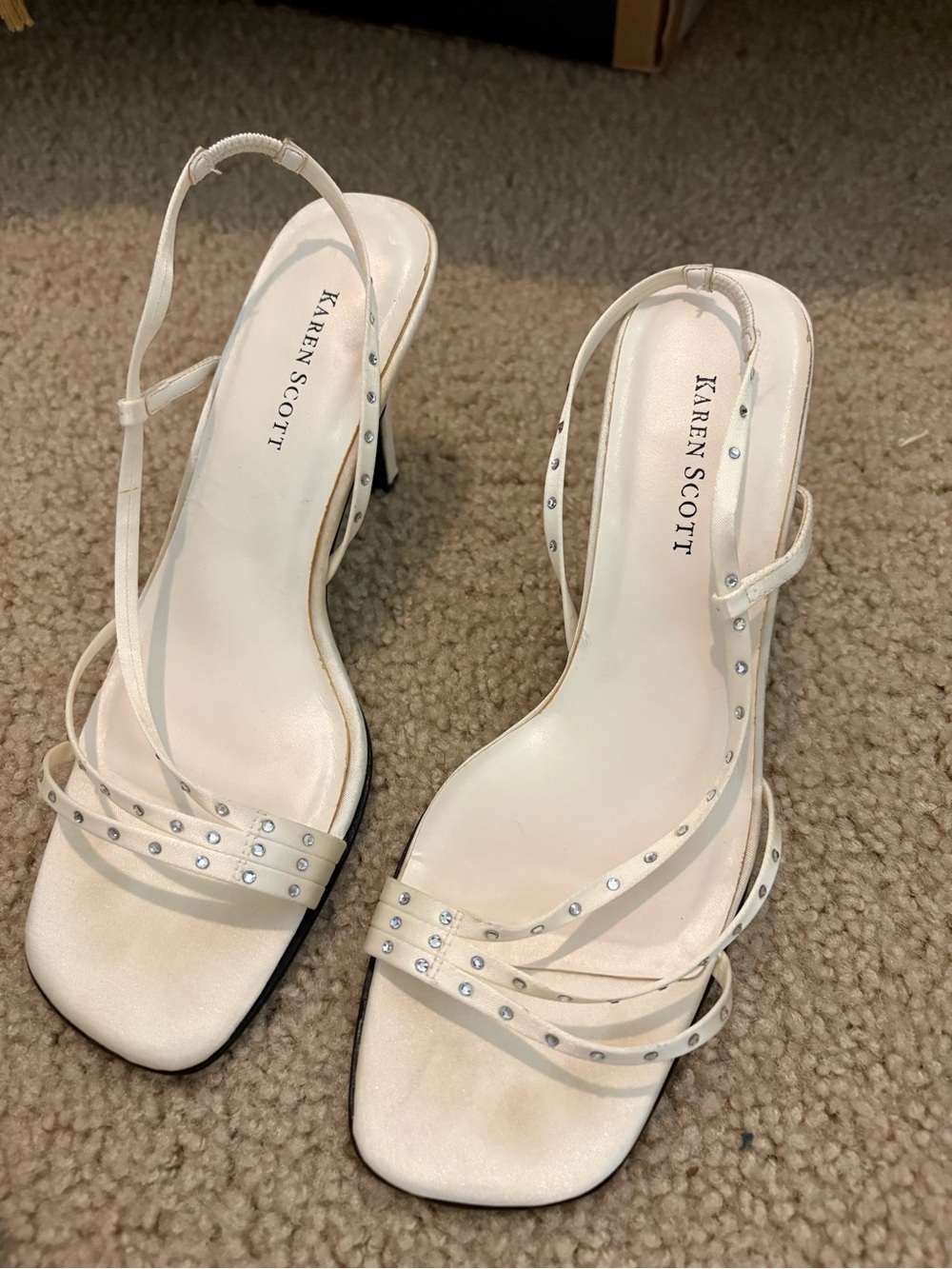 Karen Scott Ivory Strappy Slingback Heels with Rhinestone Studs